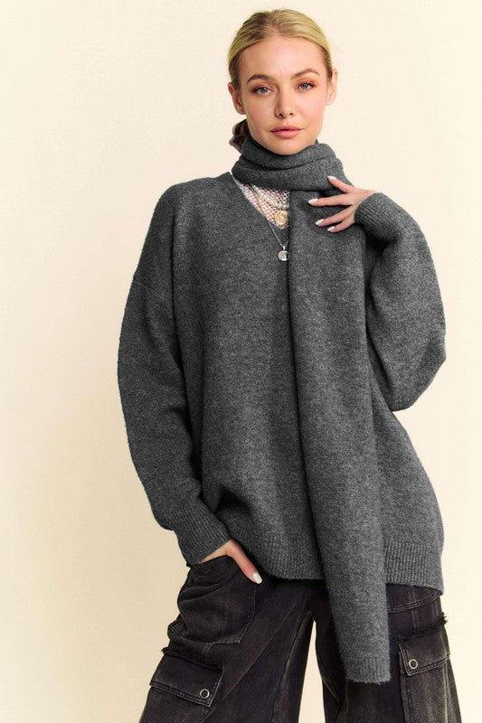 Dropped Shoulder Sweater with Scarf Set