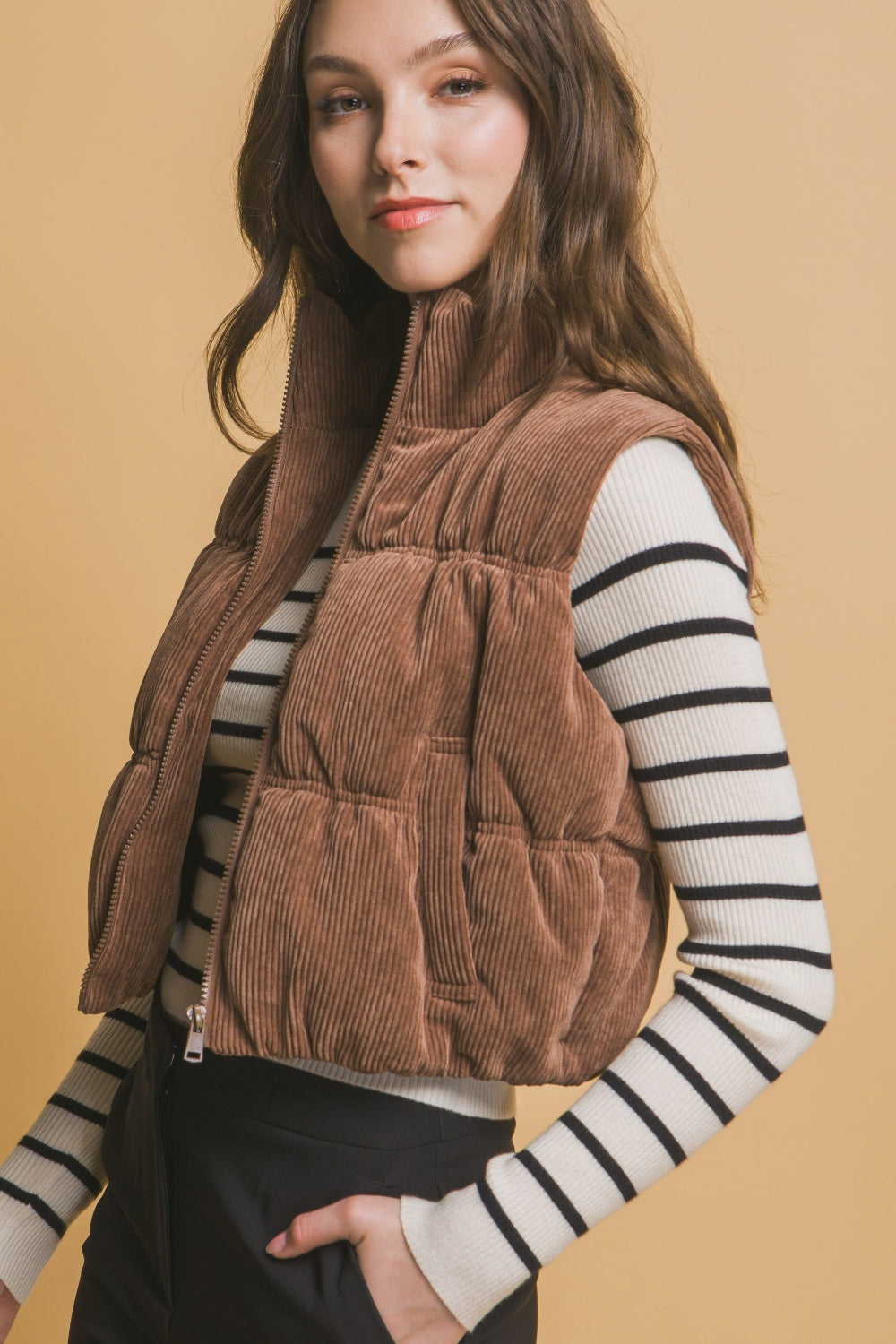 Corduroy Zip Up Puffer Vest with (Brown)