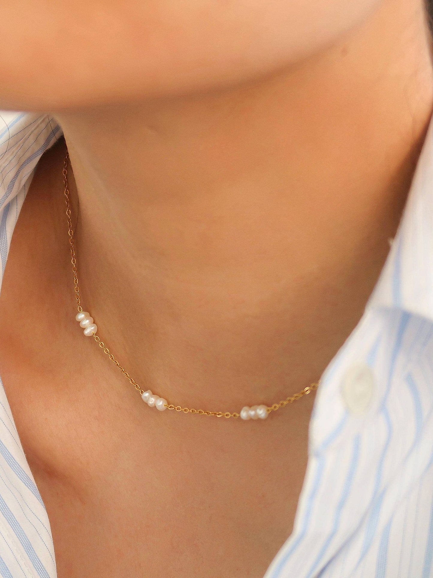 18K Non - Tarnish Petite Pearl Chokers - Basic Bee