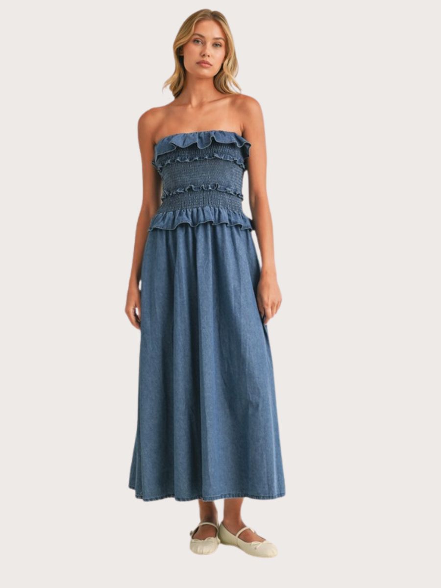 Ruffled Denim Midi Dress