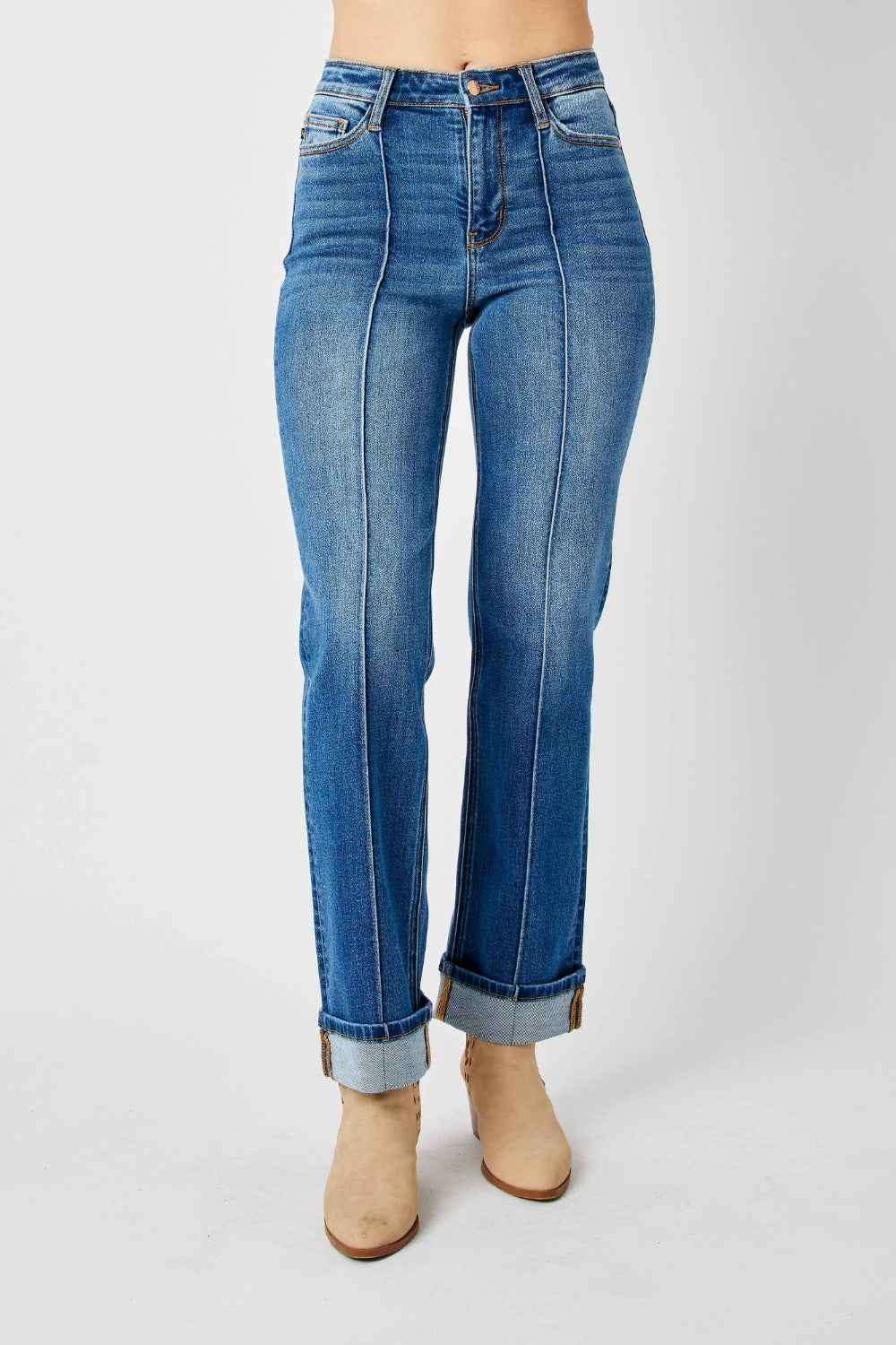 High Waist Front Seam Straight Jeans