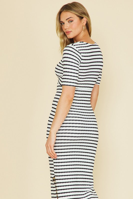 Striped Knit Short Sleeve Maxi Dress