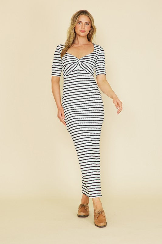 Striped Knit Short Sleeve Maxi Dress