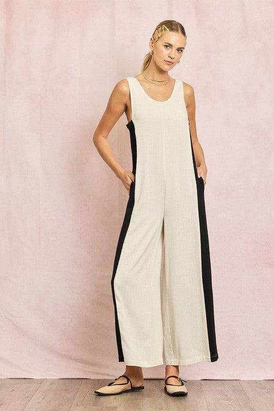 Linen Contrast Side Jumpsuit