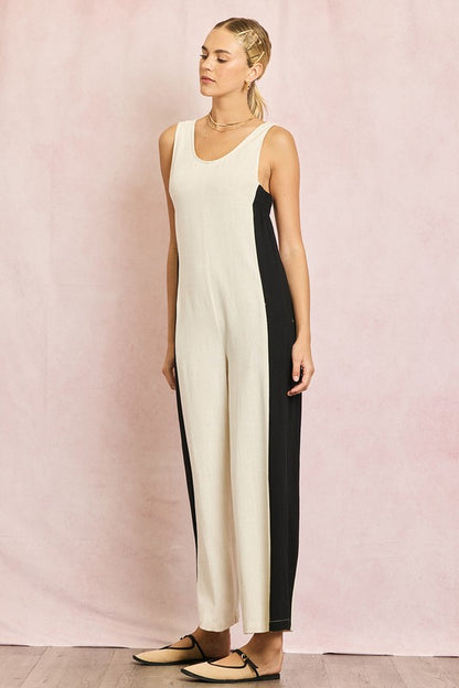 Linen Contrast Side Jumpsuit