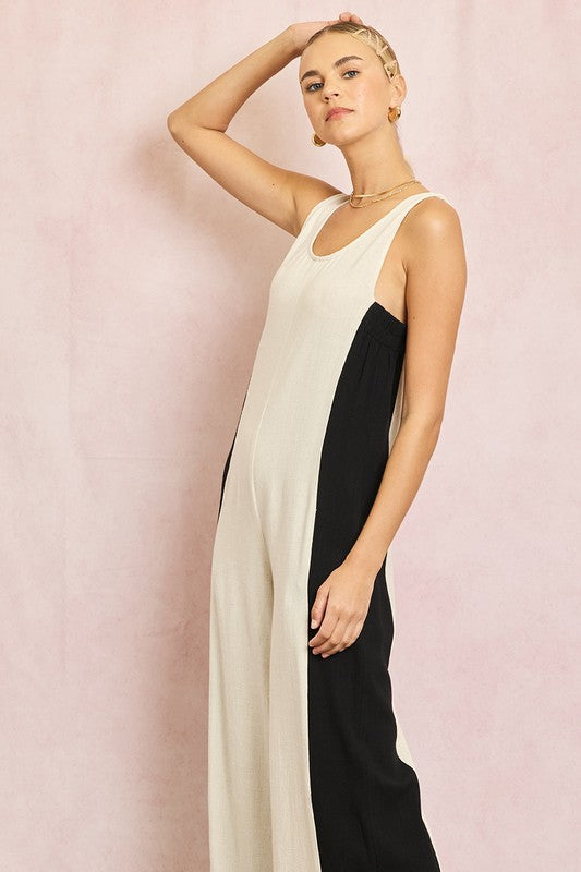 Linen Contrast Side Jumpsuit