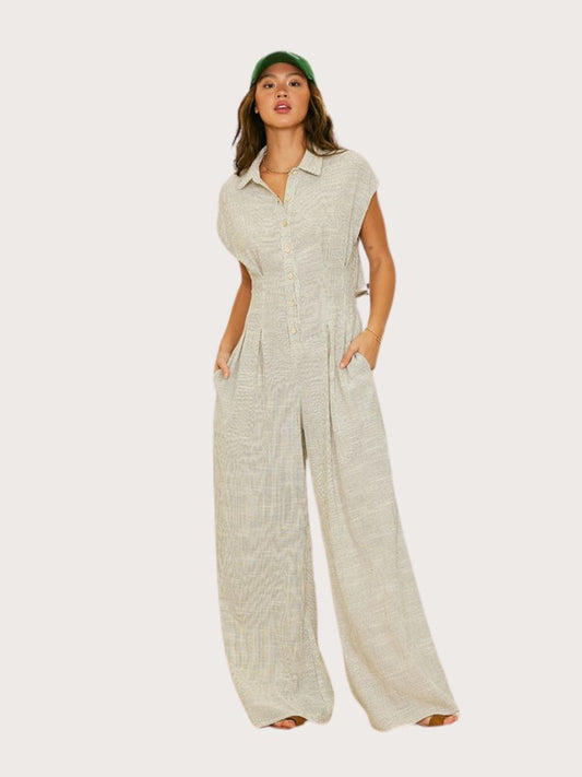 Striped Linen Cut Out Back Jumpsuit