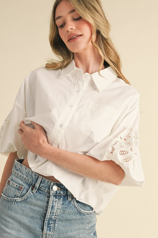 Embroidered Bubble Sleeve Top