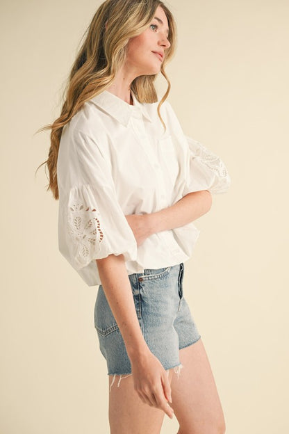 Embroidered Bubble Sleeve Top