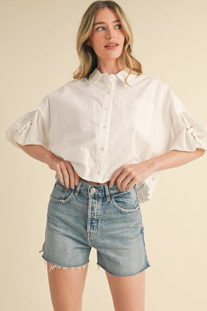 Embroidered Bubble Sleeve Top