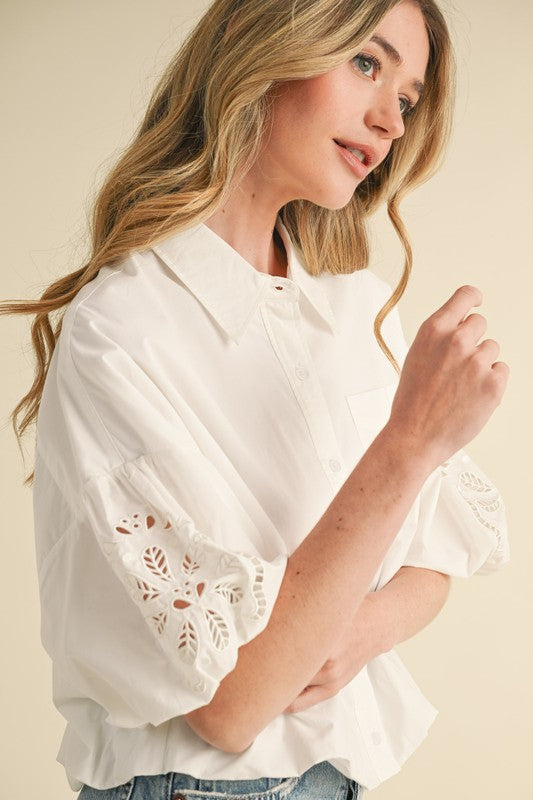 Embroidered Bubble Sleeve Top