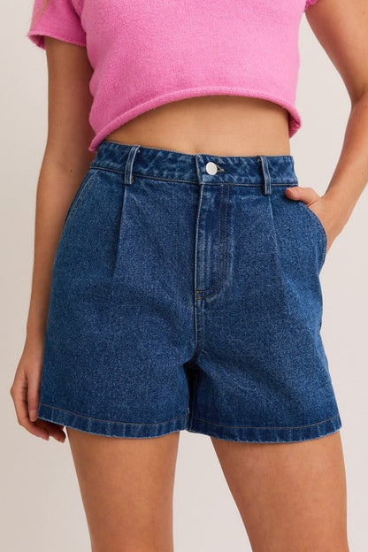 Pleated Denim Shorts