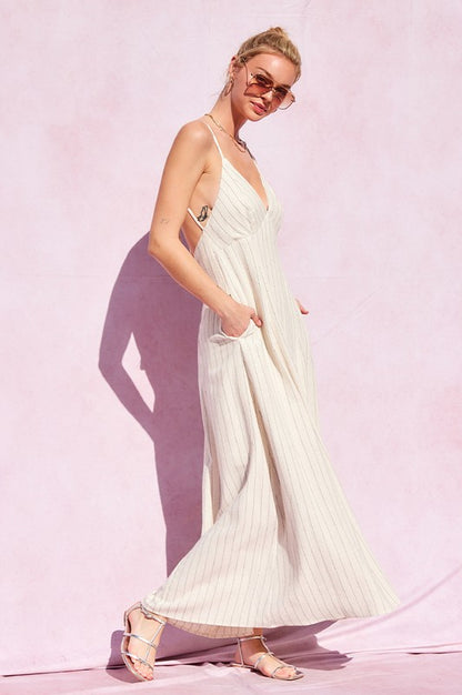 Linen Striped Open Back Maxi Dress