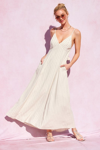 Linen Striped Open Back Maxi Dress