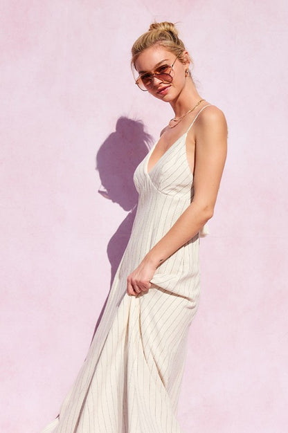 Linen Striped Open Back Maxi Dress