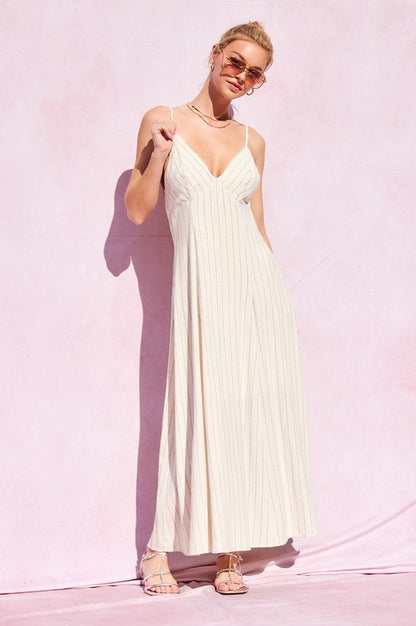 Linen Striped Open Back Maxi Dress