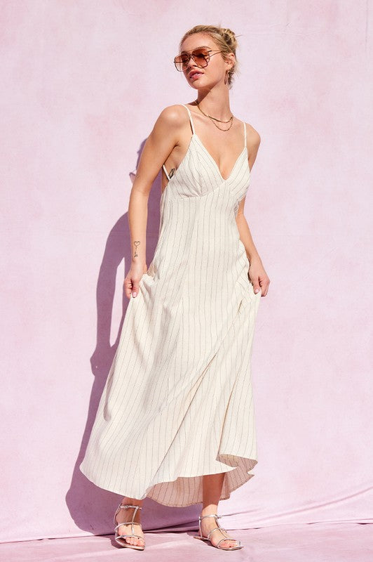 Linen Striped Open Back Maxi Dress