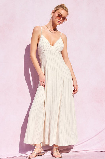 Linen Striped Open Back Maxi Dress