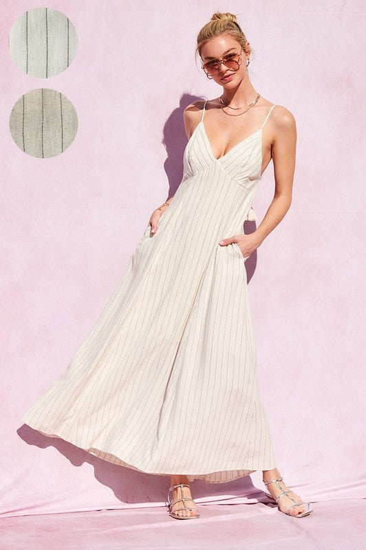 Linen Striped Open Back Maxi Dress