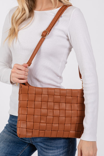 Faux Leather Basket Weave Crossbody Bag