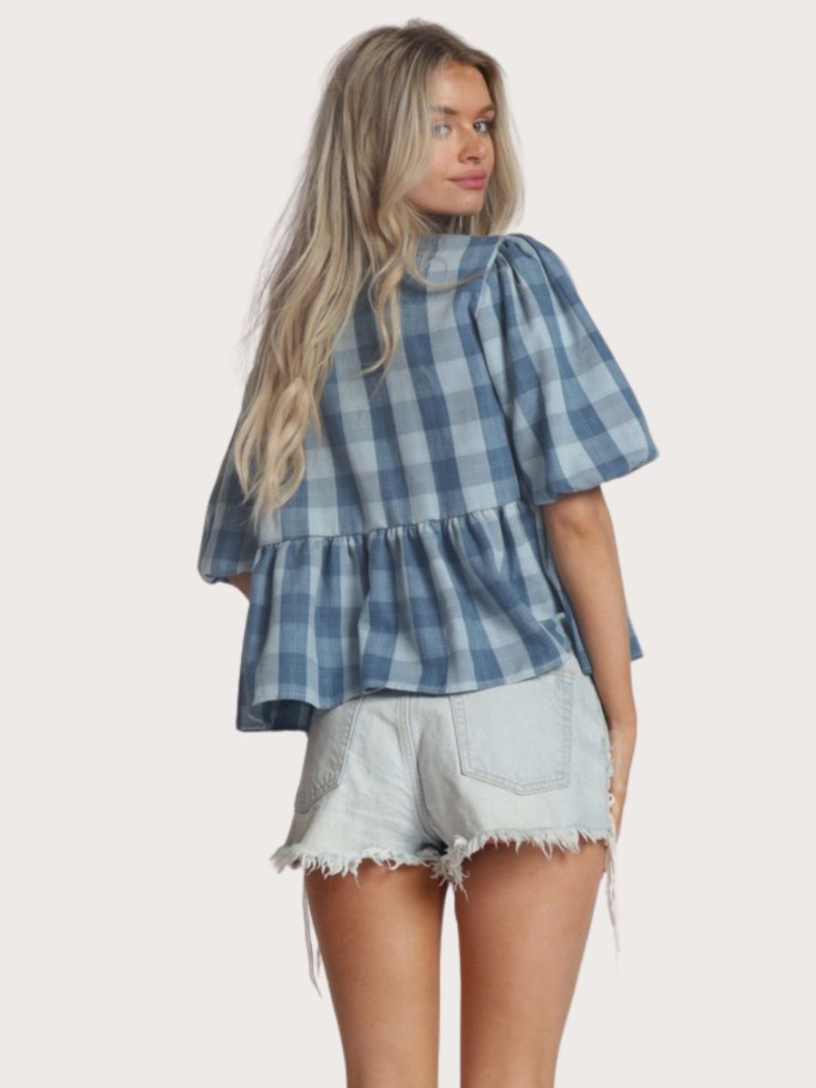 Gauze Plaid Bow Blouse