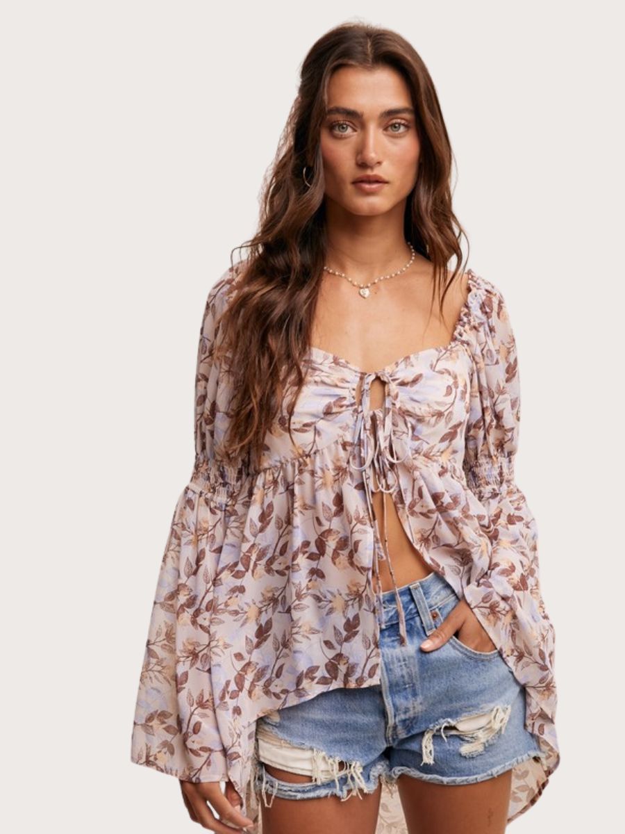 Leaf Print Bell Sleeve Top