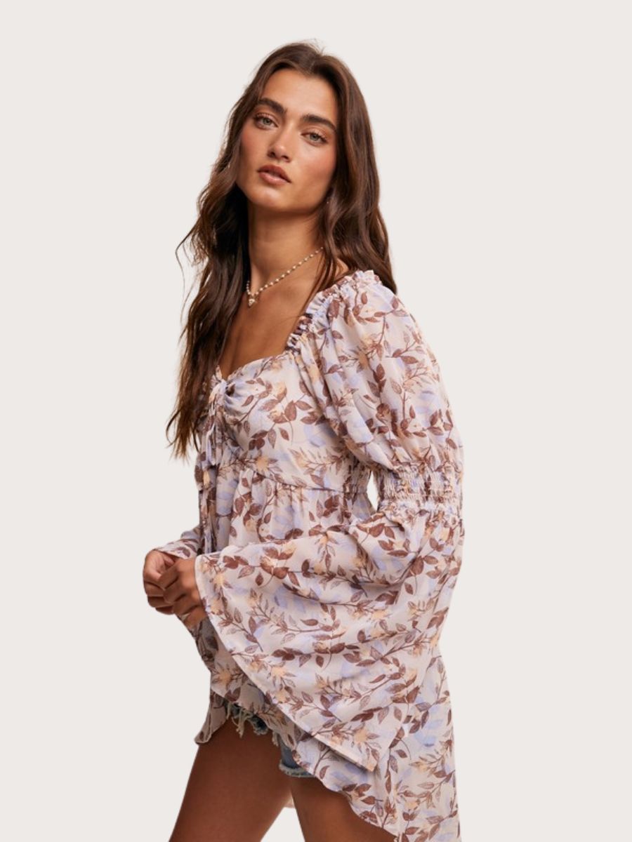 Leaf Print Bell Sleeve Top