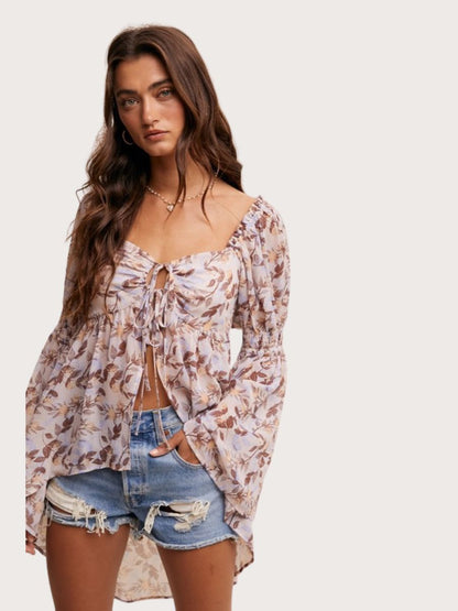 Leaf Print Bell Sleeve Top