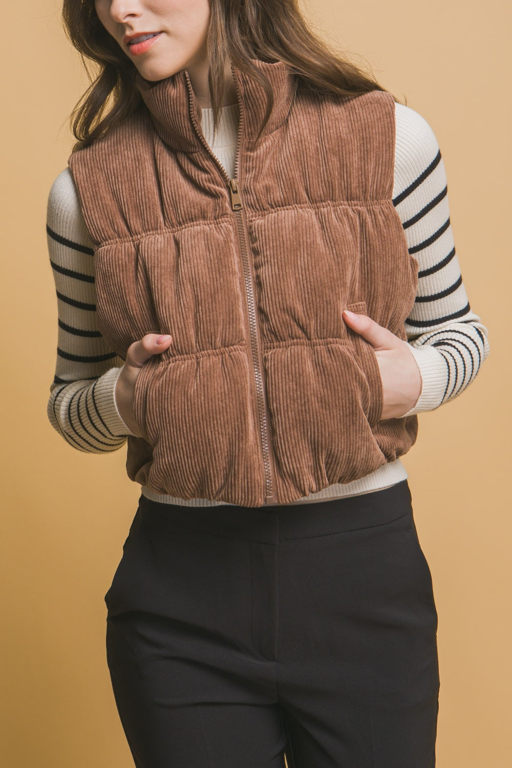 Corduroy Zip Up Puffer Vest with (Brown)