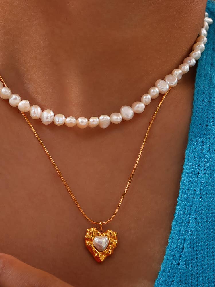 Taliana 18K Gold Non-Tarnish Layered Pearl Heart Necklace