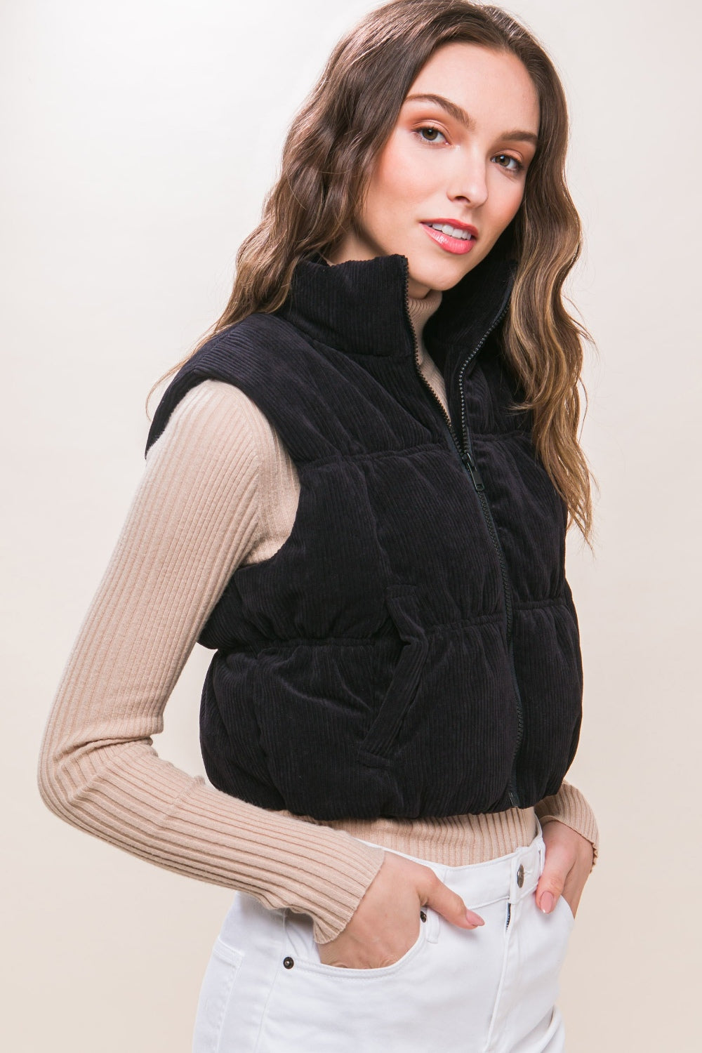 Corduroy Zip Up Puffer Vest with Pockets (Black)