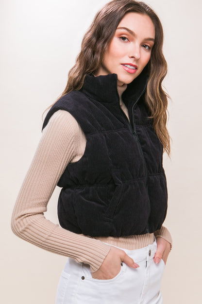 Corduroy Zip Up Puffer Vest with Pockets (Black)