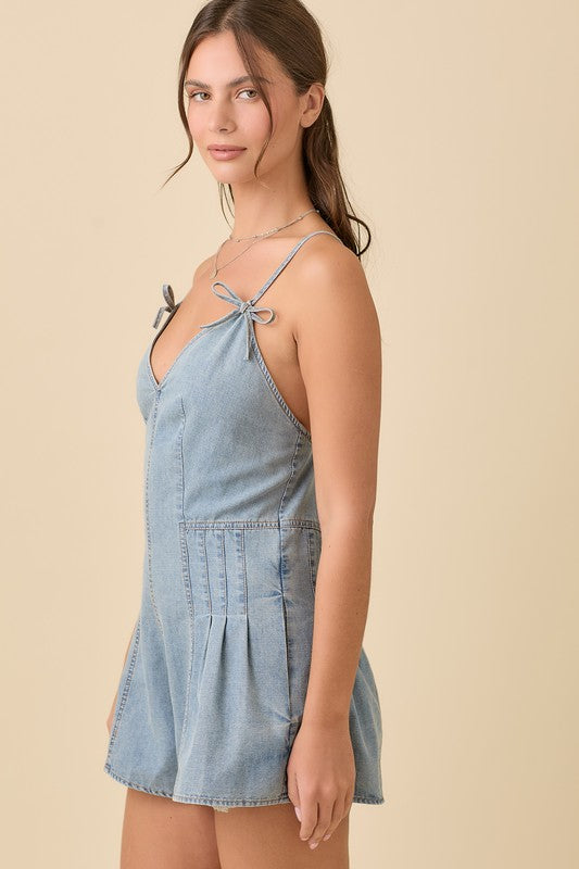 Denim Strap Tie Romper With Ribbon Bow Detailing