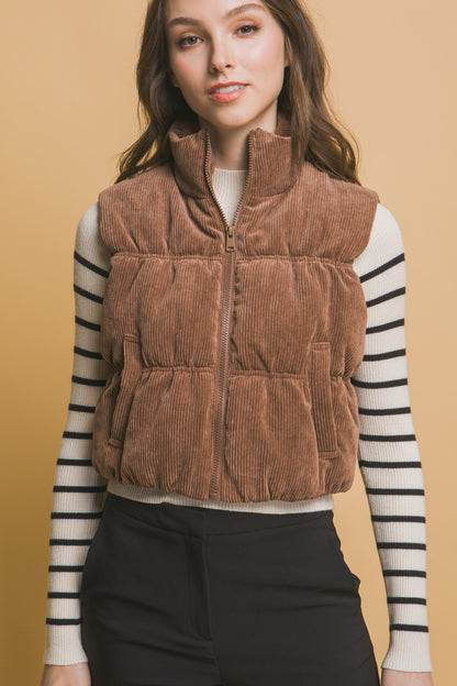 Corduroy Zip Up Puffer Vest with (Brown)