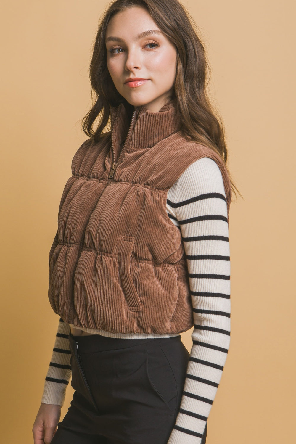 Corduroy Zip Up Puffer Vest with (Brown)