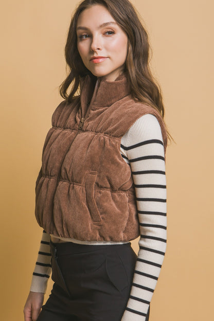 Corduroy Zip Up Puffer Vest with (Brown)