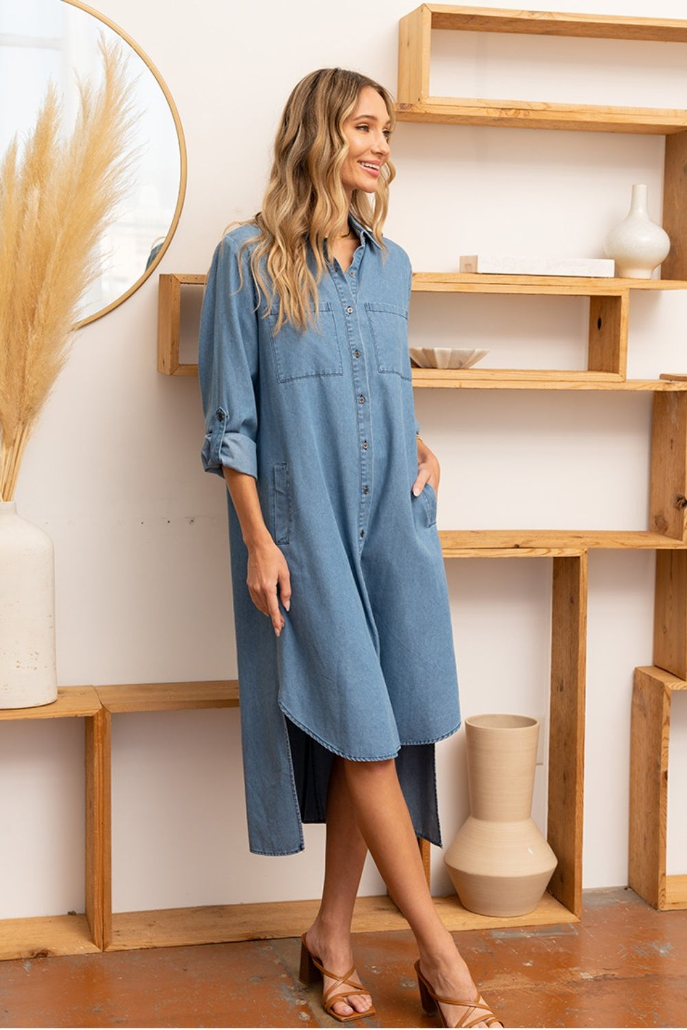 High-Low Button Up Denim Dress