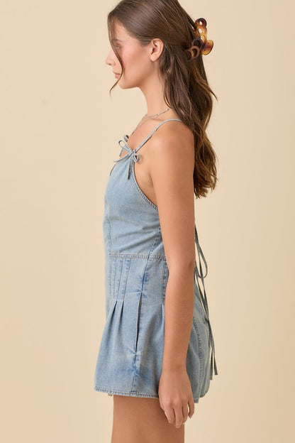 Denim Strap Tie Romper With Ribbon Bow Detailing