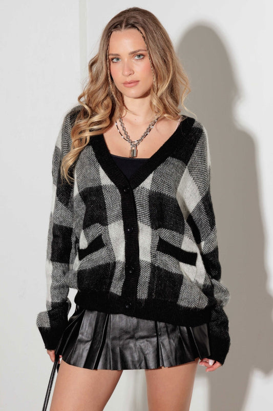 Checkered Cardigan with Pockets