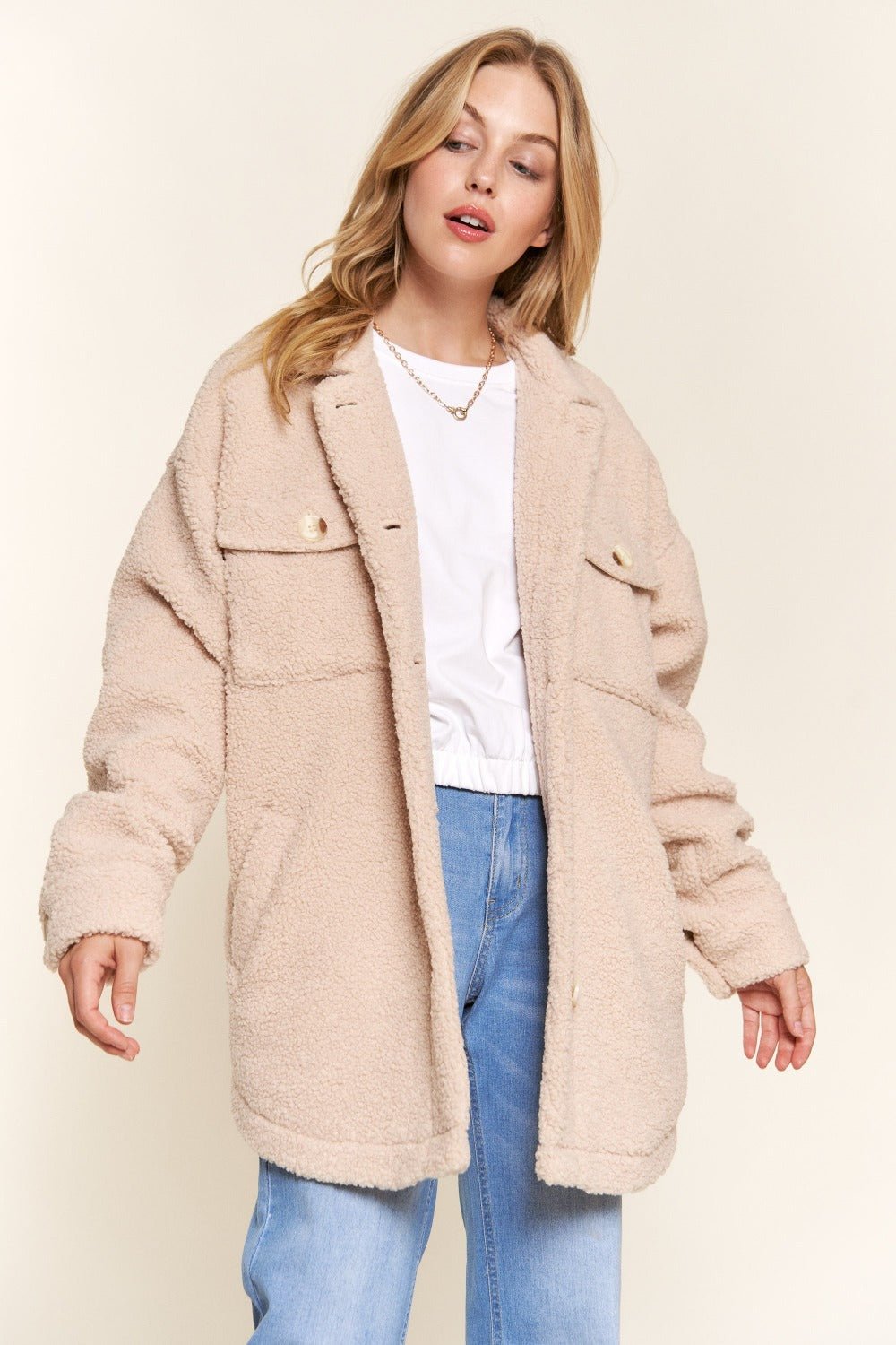 And The Why Teddy Sherpa Button Down Curved Hem Shacket - Basic Bee