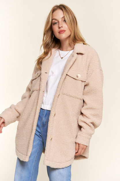 And The Why Teddy Sherpa Button Down Curved Hem Shacket - Basic Bee