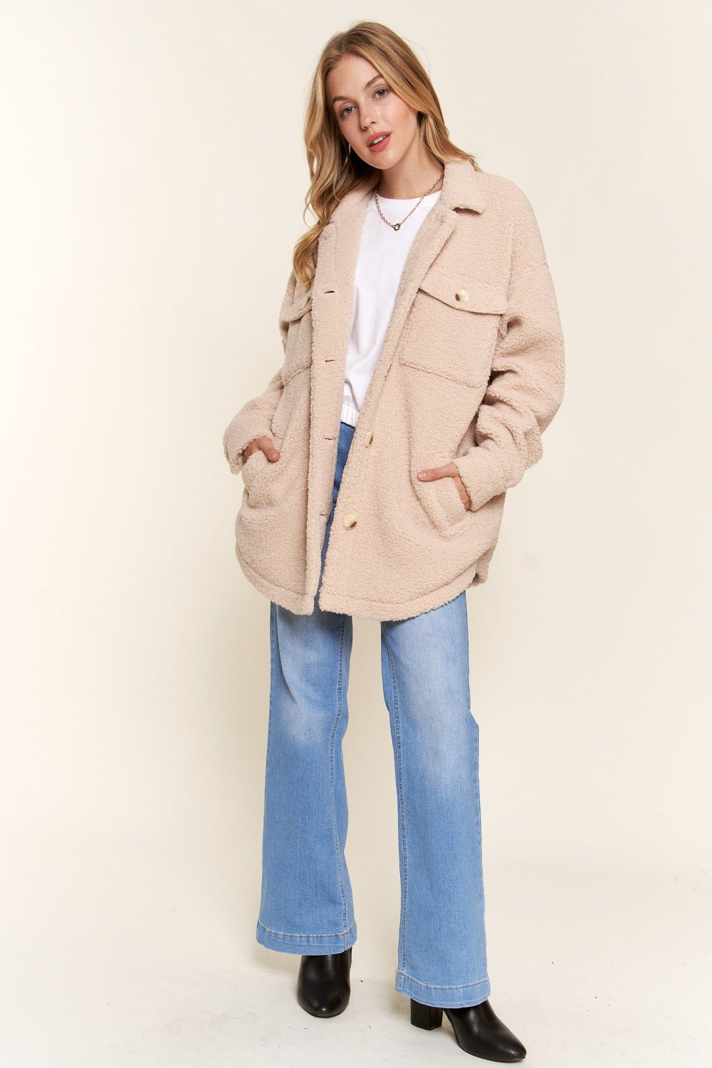 And The Why Teddy Sherpa Button Down Curved Hem Shacket - Basic Bee