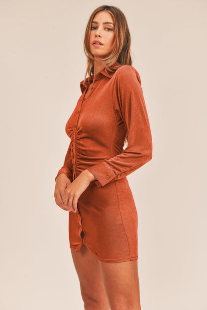 Button - Down Skinny Mini Shirt Dress (Orange) - Basic Bee