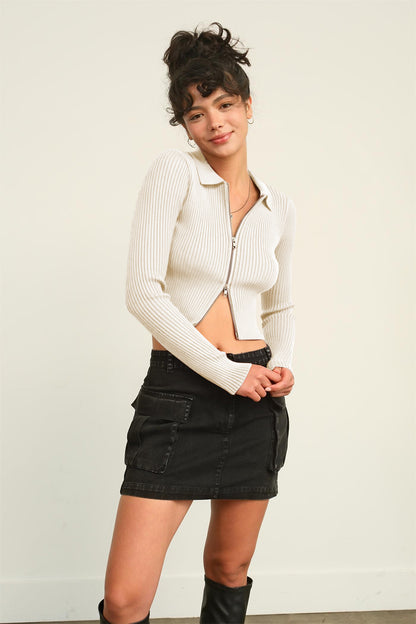 Double Zip Cropped Cardigan (cream)