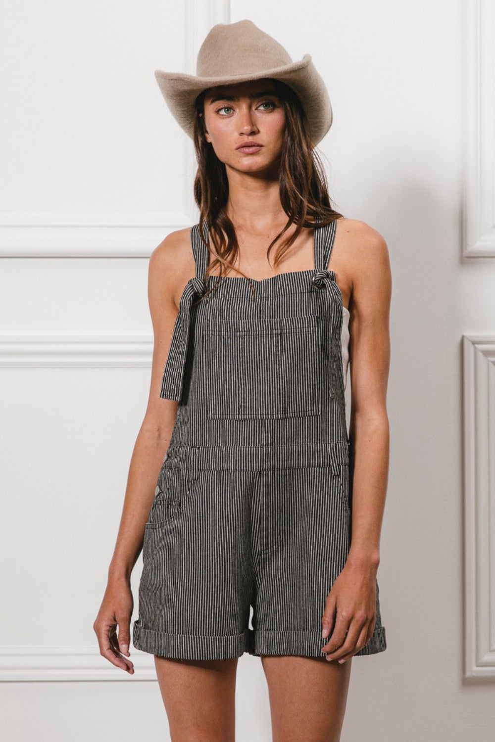 Tie Strap Washed Stripe Denim Overalls