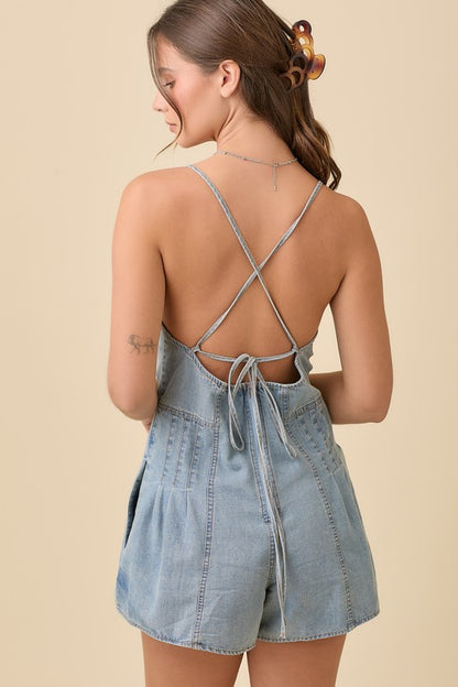 Denim Strap Tie Romper With Ribbon Bow Detailing